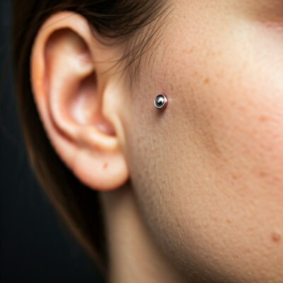 Pessoa exibindo piercing microdermal na clavícula feito com joia delicada no estúdio Art Brilho Ink no Tatuapé.